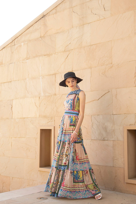 TROPICAL TILES TIERED MAXI DRESS