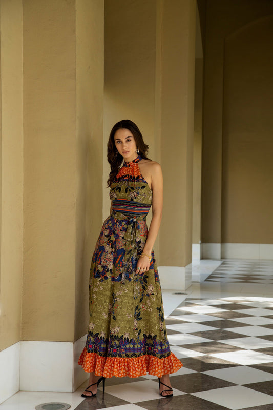 PARADISE FOREST HALTER MAXI DRESS