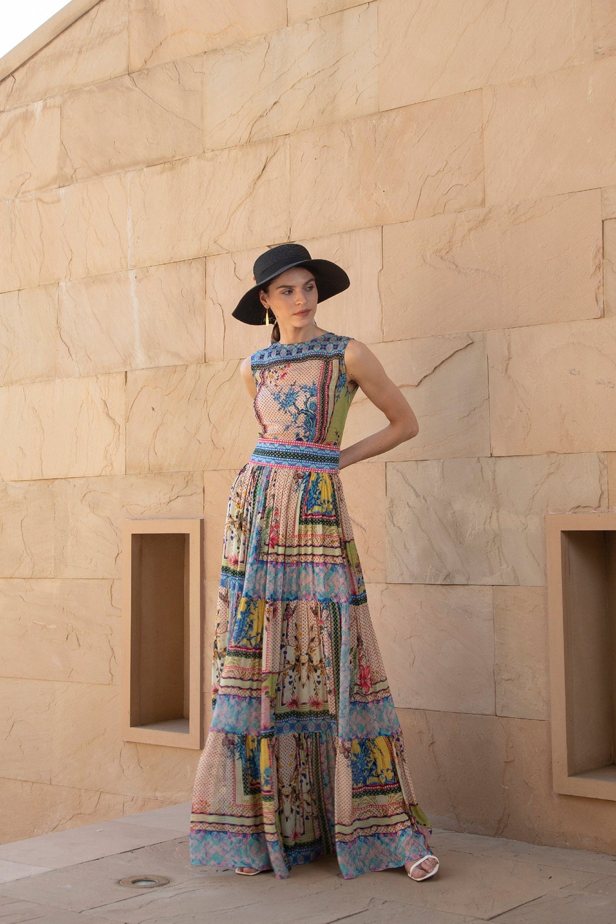TROPICAL TILES TIERED MAXI DRESS