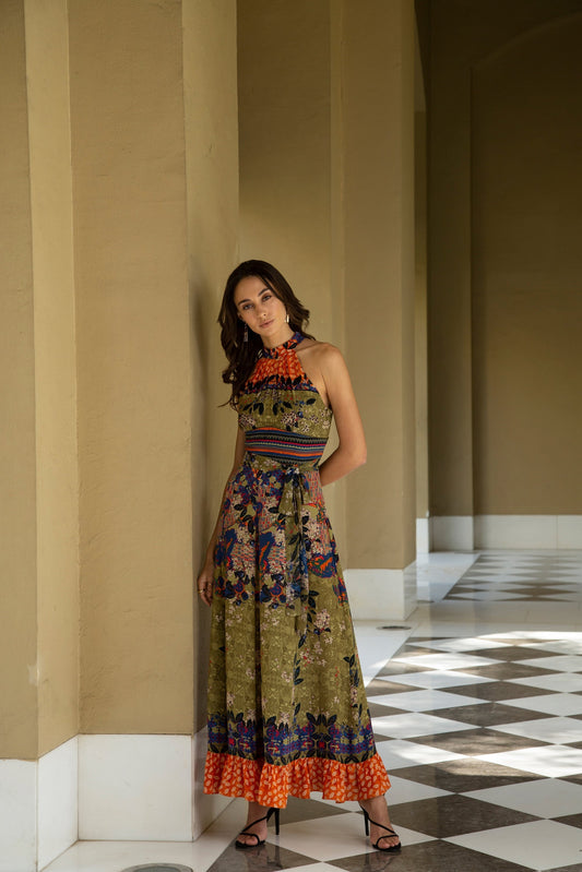 PARADISE FOREST HALTER MAXI DRESS