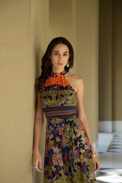 PARADISE FOREST HALTER MAXI DRESS