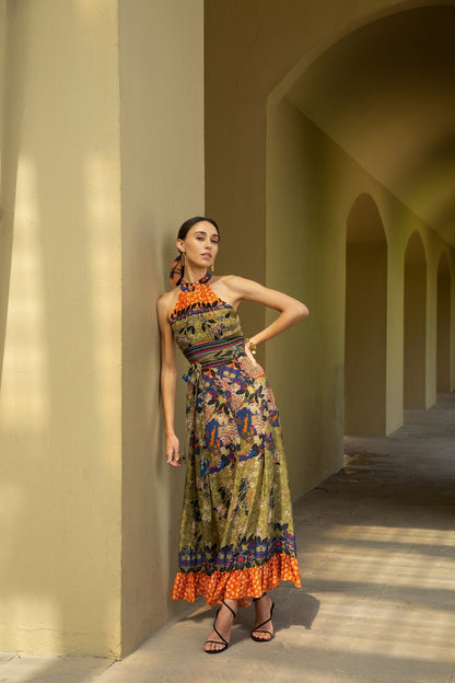 PARADISE FOREST HALTER MAXI DRESS